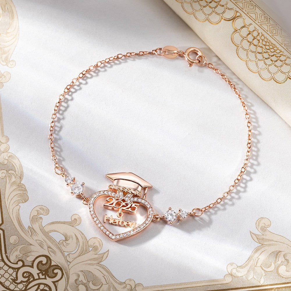 Custom Name Graduation Cap Heart Bracelet with Cubic Zirconia, Sterling Silver 925 Class of 2025 Graduation Jewelry, Graduation Gift for Graduates/Her