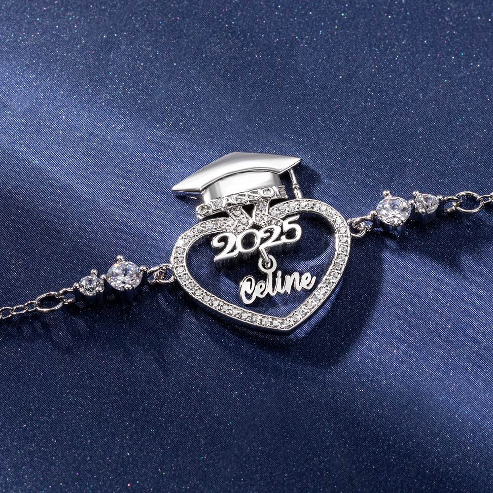 Custom Name Graduation Cap Heart Bracelet with Cubic Zirconia, Sterling Silver 925 Class of 2025 Graduation Jewelry, Graduation Gift for Graduates/Her