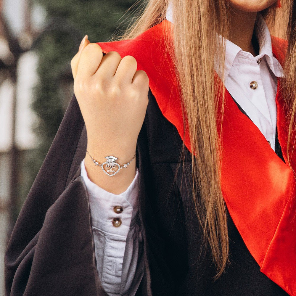 Custom Name Graduation Cap Heart Bracelet with Cubic Zirconia, Sterling Silver 925 Class of 2025 Graduation Jewelry, Graduation Gift for Graduates/Her
