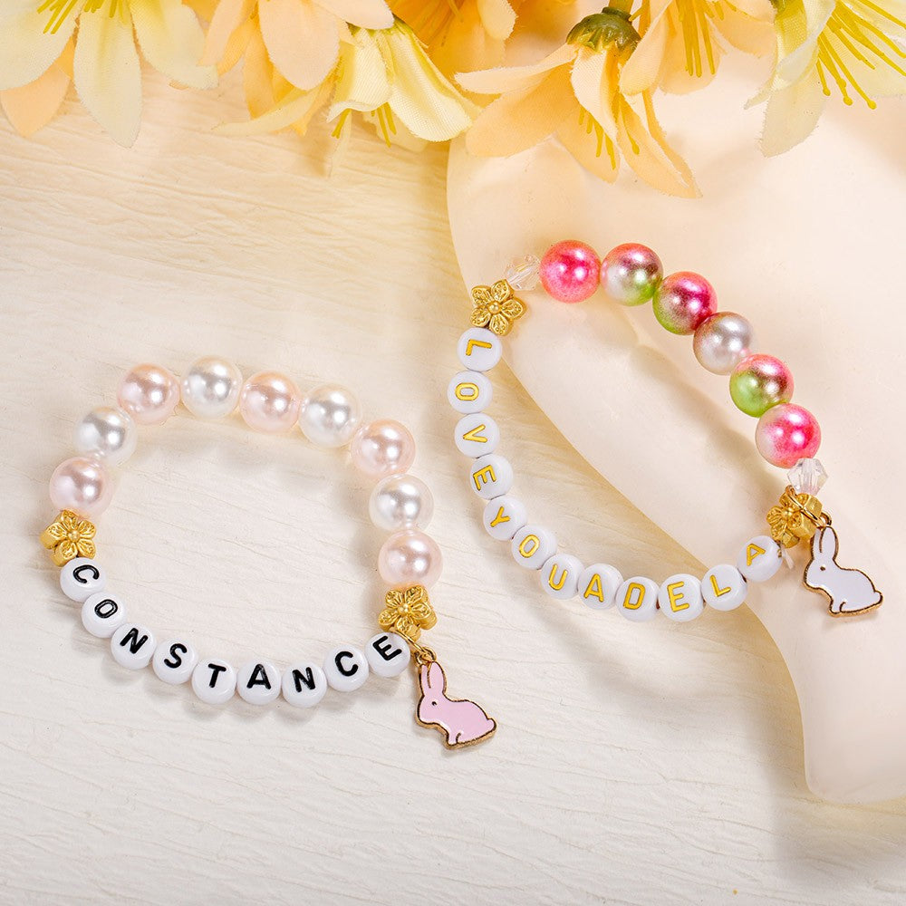 Custom Name Beaded Bracelet with Enamel Bunny Charm, Colorful Easter Bunny Bracelet, Easter Basket Stuffer, Birthday/Easter Gift for Her/Girls/Friends