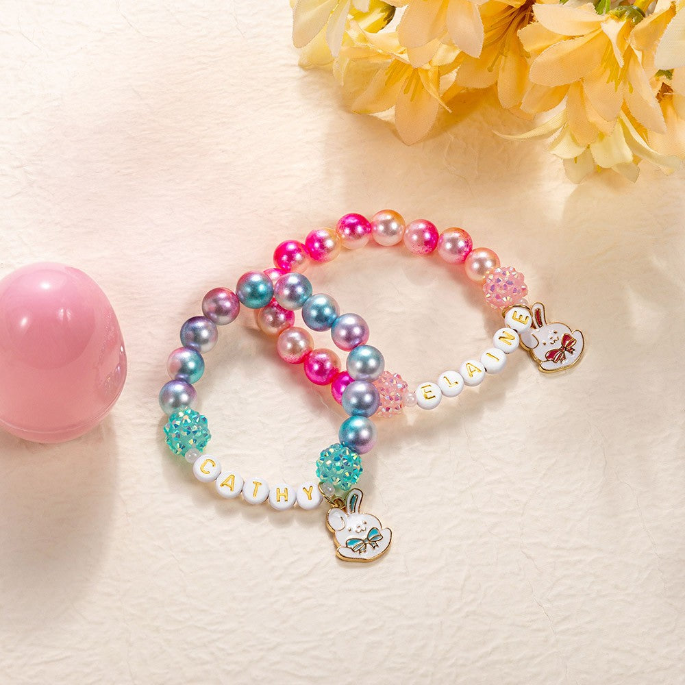 Custom Name Beaded Bracelet with Enamel Bunny Charm, Colorful Easter Bunny Bracelet, Easter Basket Stuffer, Birthday/Easter Gift for Her/Girls/Friends
