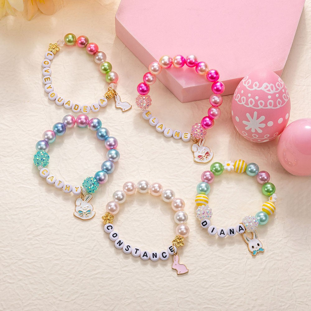 Custom Name Beaded Bracelet with Enamel Bunny Charm, Colorful Easter Bunny Bracelet, Easter Basket Stuffer, Birthday/Easter Gift for Her/Girls/Friends