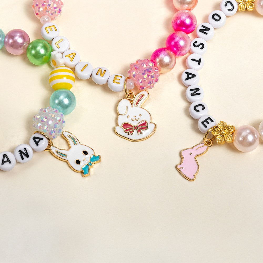 Custom Name Beaded Bracelet with Enamel Bunny Charm, Colorful Easter Bunny Bracelet, Easter Basket Stuffer, Birthday/Easter Gift for Her/Girls/Friends