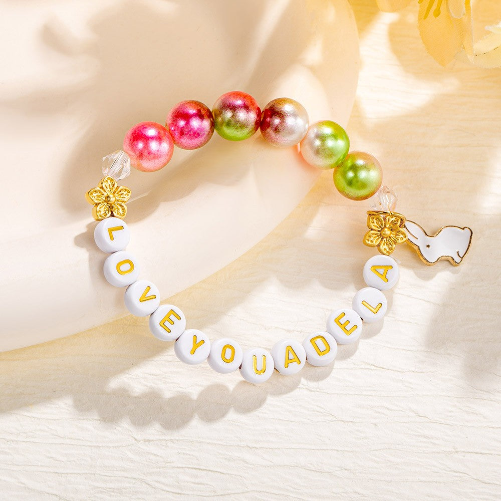 Custom Name Beaded Bracelet with Enamel Bunny Charm, Colorful Easter Bunny Bracelet, Easter Basket Stuffer, Birthday/Easter Gift for Her/Girls/Friends