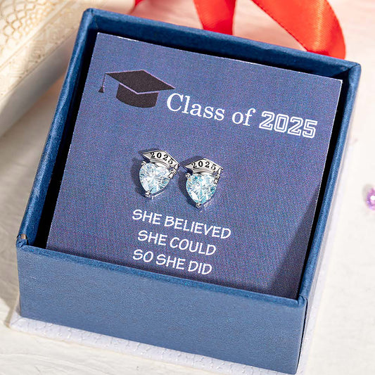 Custom Graduation Cap Stud Earrings with Birthstones, Heart Post Earrings, Class of 2025 Graduation Jewelry, Graduation Gifts for Her/Family/Friends
