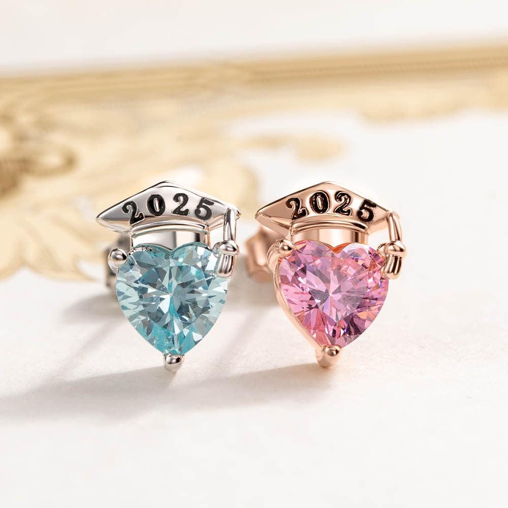 Custom Graduation Cap Stud Earrings with Birthstones, Heart Post Earrings, Class of 2025 Graduation Jewelry, Graduation Gifts for Her/Family/Friends