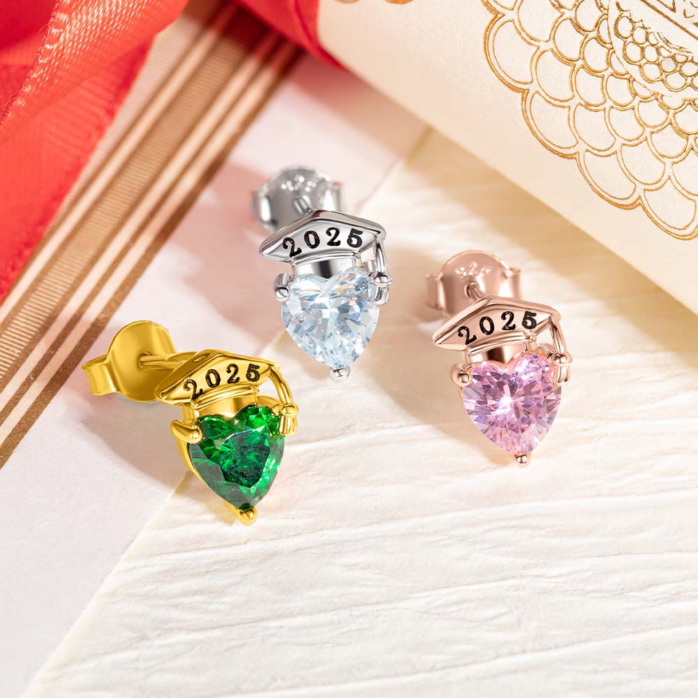 Custom Graduation Cap Stud Earrings with Birthstones, Heart Post Earrings, Class of 2025 Graduation Jewelry, Graduation Gifts for Her/Family/Friends