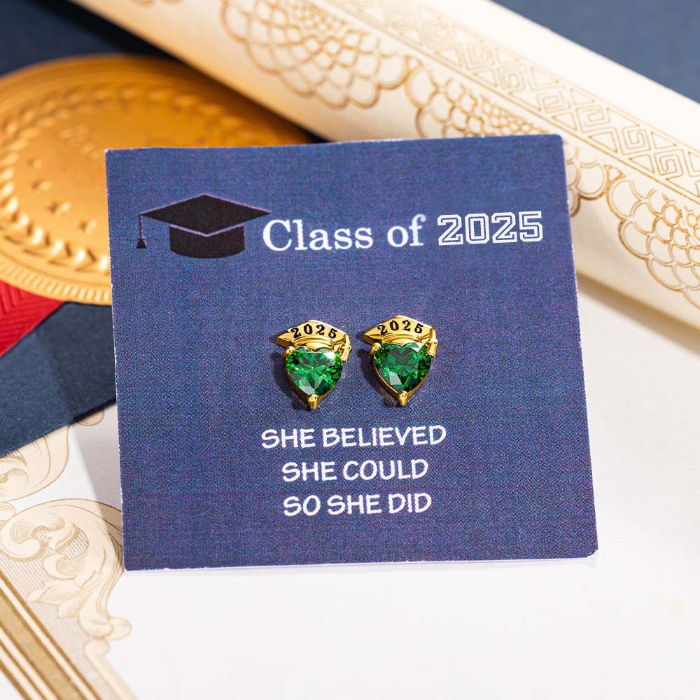Custom Graduation Cap Stud Earrings with Birthstones, Heart Post Earrings, Class of 2025 Graduation Jewelry, Graduation Gifts for Her/Family/Friends