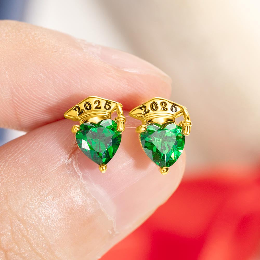 Custom Graduation Cap Stud Earrings with Birthstones, Heart Post Earrings, Class of 2025 Graduation Jewelry, Graduation Gifts for Her/Family/Friends