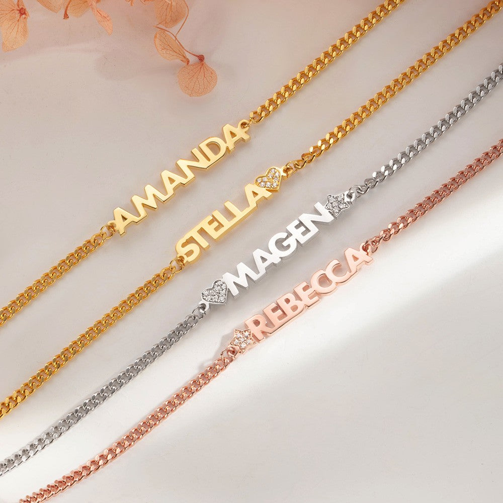 Personalized Name Bracelet with Heart/Star, Initials Curb Chain Bracelet, Birthday/Anniversary/Valentine's Day Gift for Her