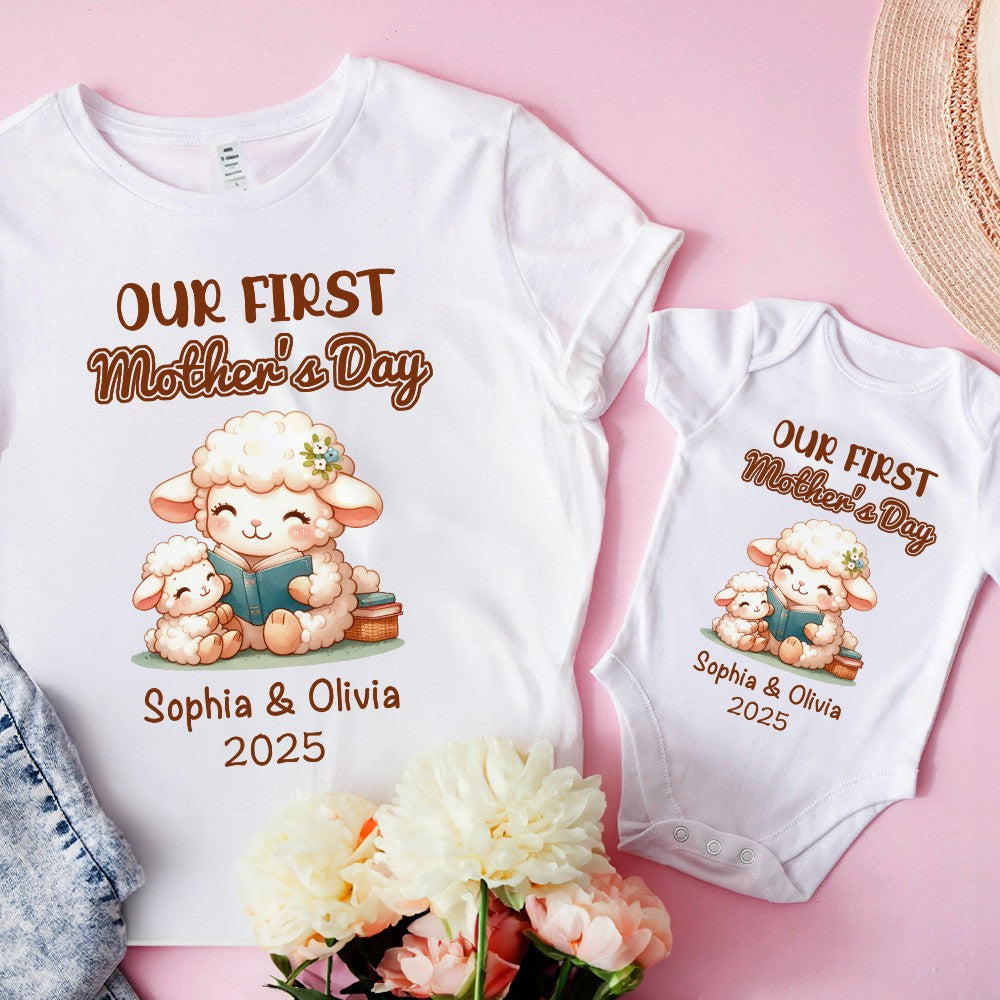 Custom Name Our First Mother's Day Parent-Child Matching Outfit, Animals Reading Book Design Mommy T-Shirt Baby Bodysuit Set, Gift for New Mom/Baby