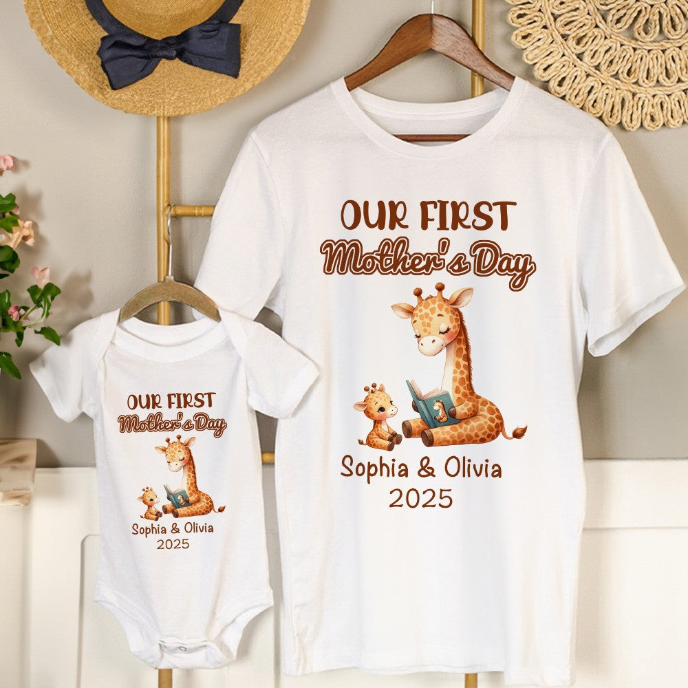 Custom Name Our First Mother's Day Parent-Child Matching Outfit, Animals Reading Book Design Mommy T-Shirt Baby Bodysuit Set, Gift for New Mom/Baby
