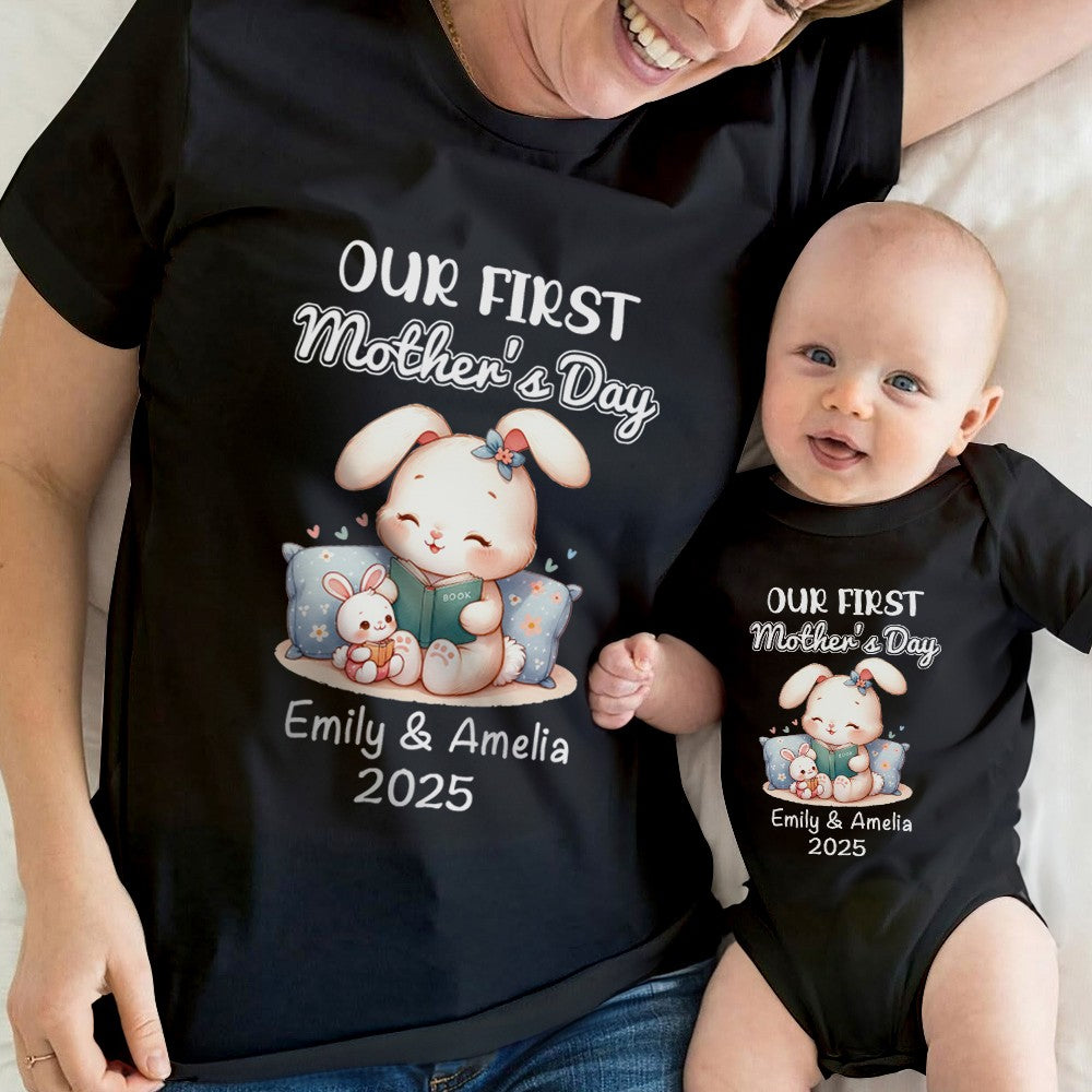 Custom Name Our First Mother's Day Parent-Child Matching Outfit, Animals Reading Book Design Mommy T-Shirt Baby Bodysuit Set, Gift for New Mom/Baby