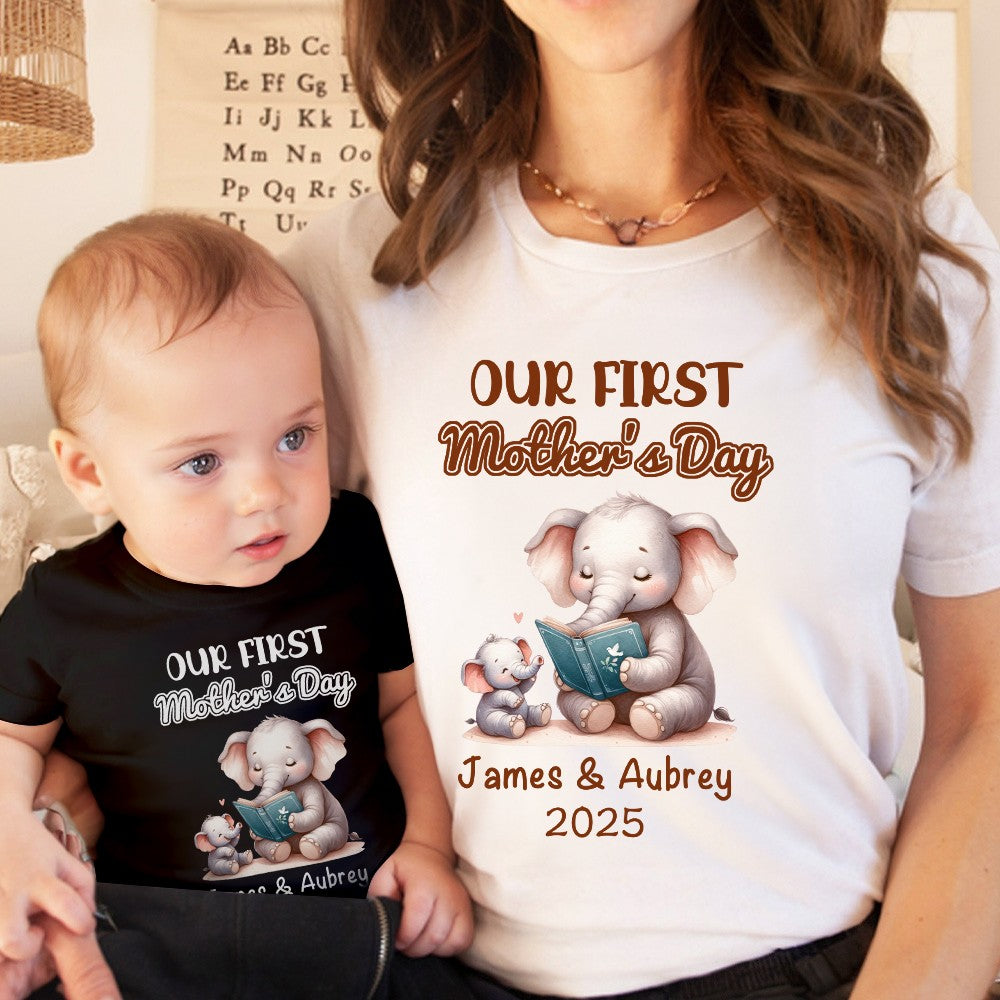 Custom Name Our First Mother's Day Parent-Child Matching Outfit, Animals Reading Book Design Mommy T-Shirt Baby Bodysuit Set, Gift for New Mom/Baby
