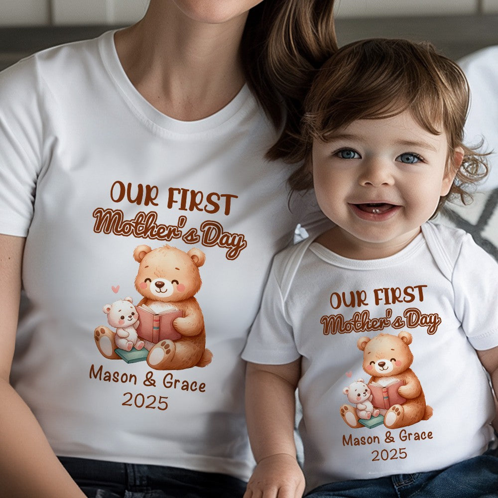 Custom Name Our First Mother's Day Parent-Child Matching Outfit, Animals Reading Book Design Mommy T-Shirt Baby Bodysuit Set, Gift for New Mom/Baby