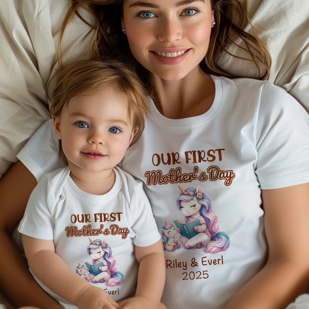 Custom Name Our First Mother's Day Parent-Child Matching Outfit, Animals Reading Book Design Mommy T-Shirt Baby Bodysuit Set, Gift for New Mom/Baby