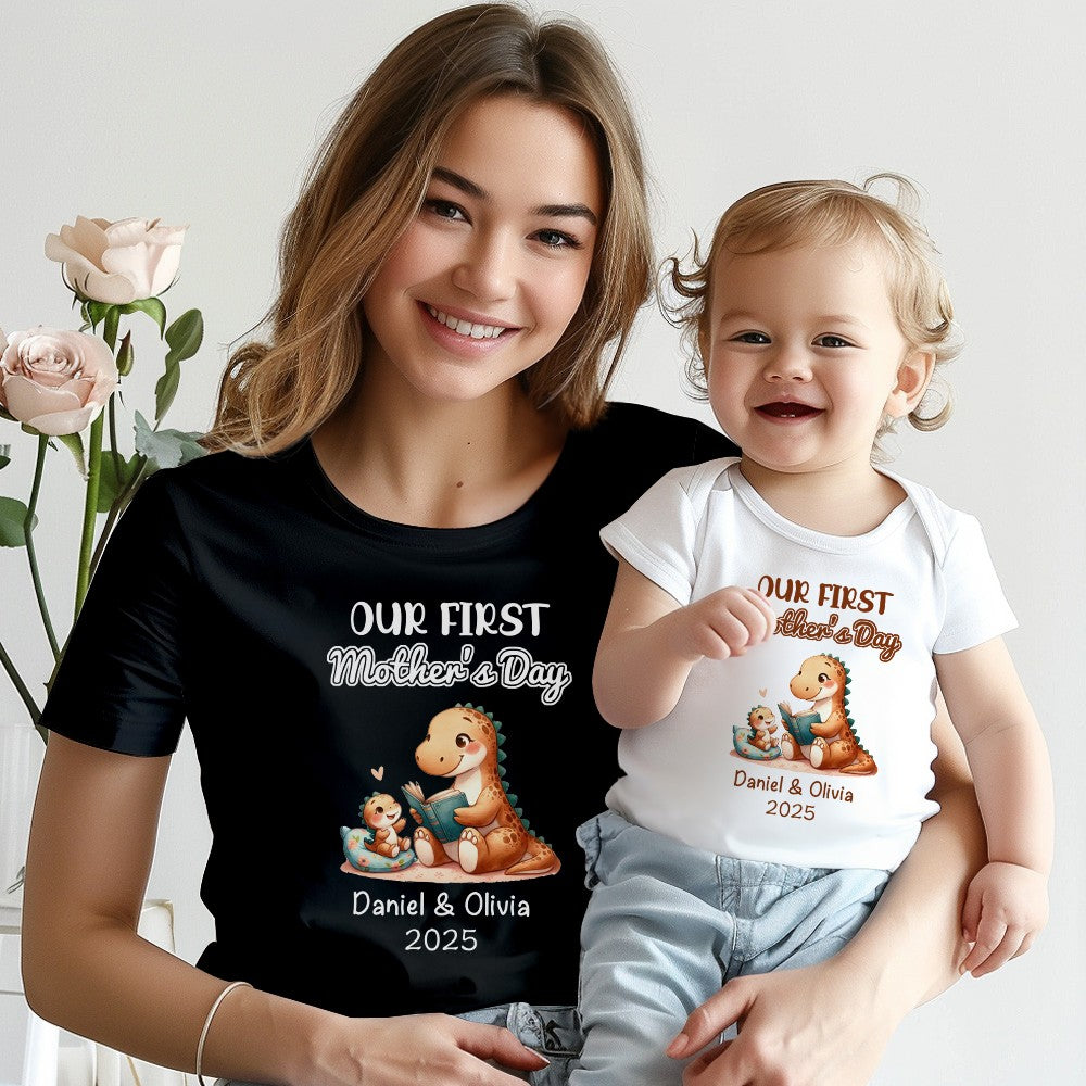 Custom Name Our First Mother's Day Parent-Child Matching Outfit, Animals Reading Book Design Mommy T-Shirt Baby Bodysuit Set, Gift for New Mom/Baby