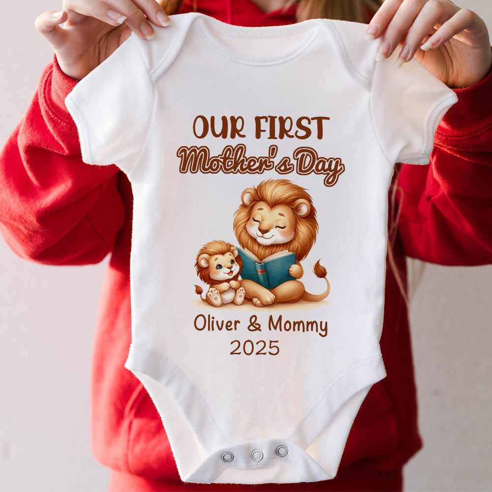 Custom Name Our First Mother's Day Parent-Child Matching Outfit, Animals Reading Book Design Mommy T-Shirt Baby Bodysuit Set, Gift for New Mom/Baby