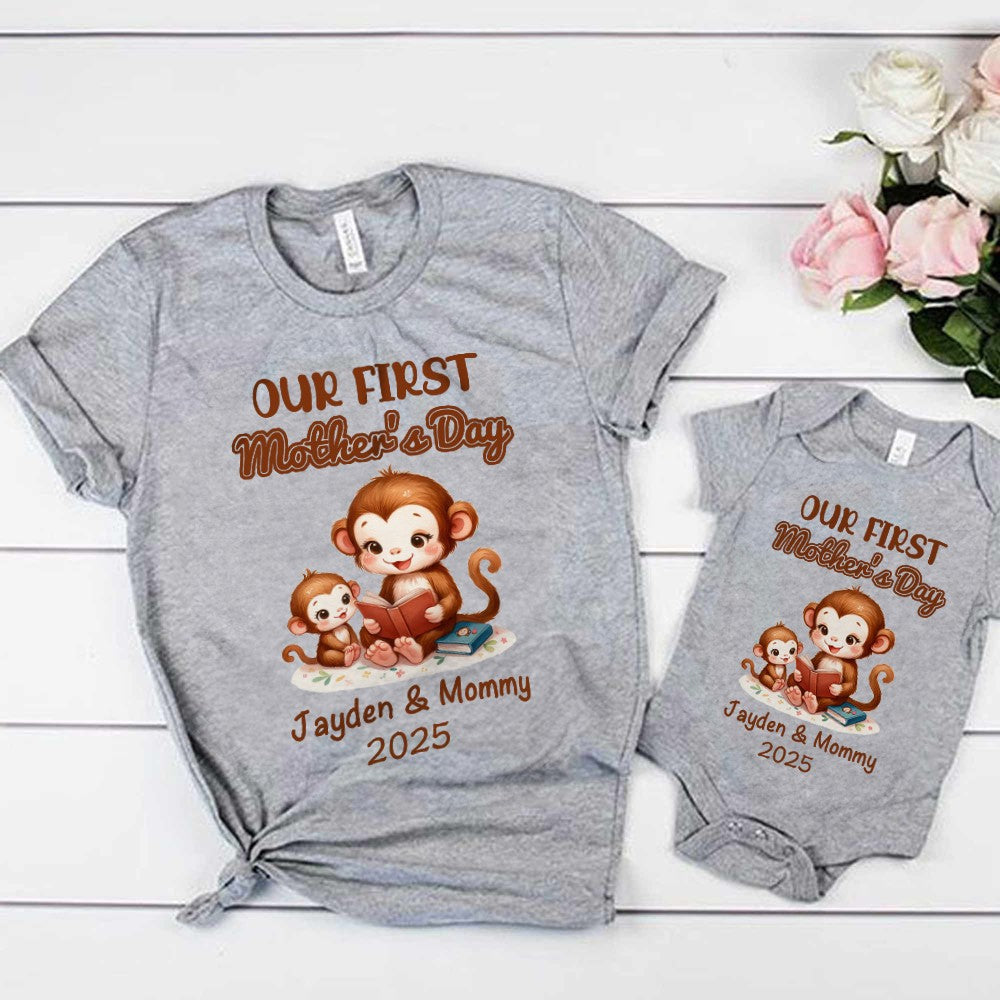 Custom Name Our First Mother's Day Parent-Child Matching Outfit, Animals Reading Book Design Mommy T-Shirt Baby Bodysuit Set, Gift for New Mom/Baby