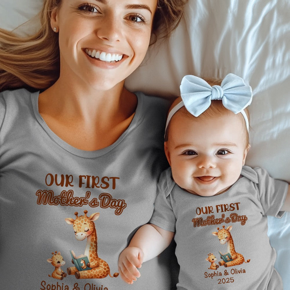 Custom Name Our First Mother's Day Parent-Child Matching Outfit, Animals Reading Book Design Mommy T-Shirt Baby Bodysuit Set, Gift for New Mom/Baby