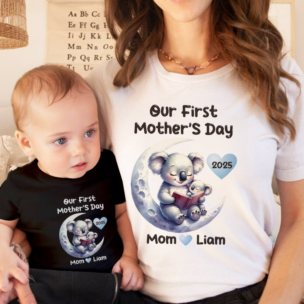 Custom Name Our First Mother's Day Parent-Child Matching Shirts, Animals Reading on Moon Design Mom T-Shirt & Baby Bodysuit Set, Gift for Baby/New Mom