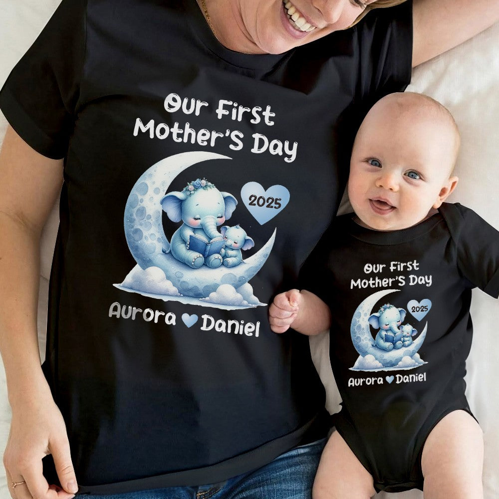 Custom Name Our First Mother's Day Parent-Child Matching Shirts, Animals Reading on Moon Design Mom T-Shirt & Baby Bodysuit Set, Gift for Baby/New Mom