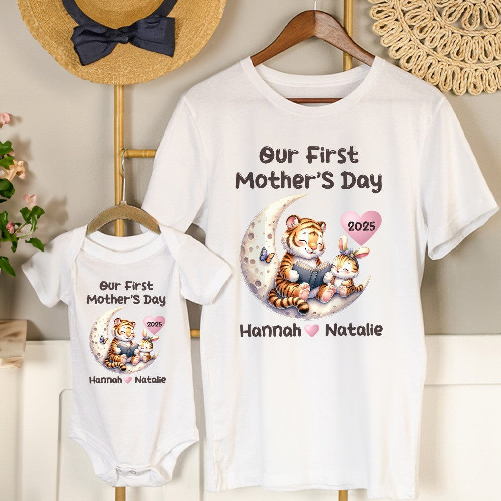 Custom Name Our First Mother's Day Parent-Child Matching Shirts, Animals Reading on Moon Design Mom T-Shirt & Baby Bodysuit Set, Gift for Baby/New Mom