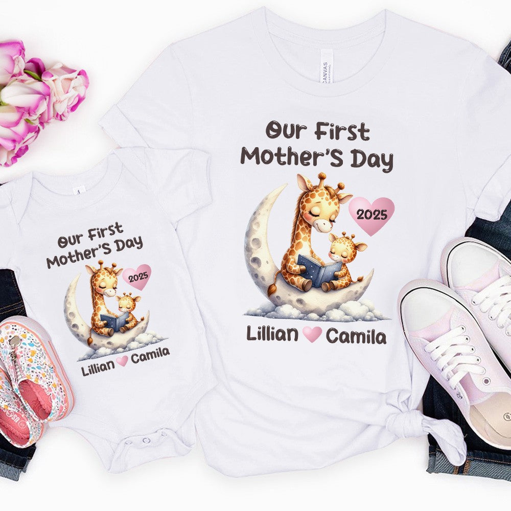 Custom Name Our First Mother's Day Parent-Child Matching Shirts, Animals Reading on Moon Design Mom T-Shirt & Baby Bodysuit Set, Gift for Baby/New Mom