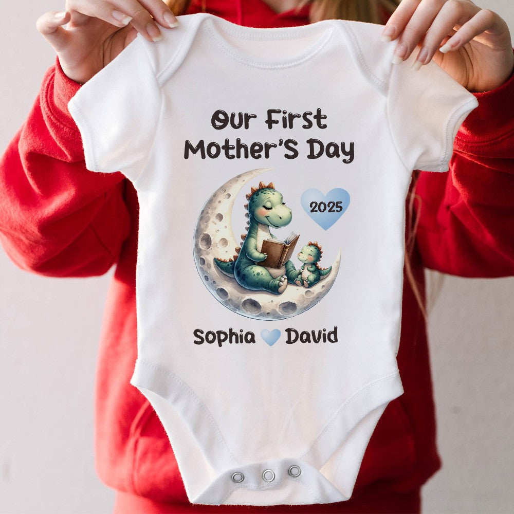 Custom Name Our First Mother's Day Parent-Child Matching Shirts, Animals Reading on Moon Design Mom T-Shirt & Baby Bodysuit Set, Gift for Baby/New Mom