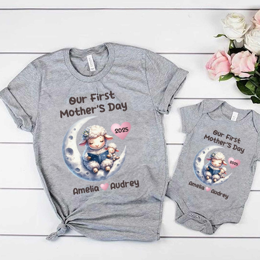 Custom Name Our First Mother's Day Parent-Child Matching Shirts, Animals Reading on Moon Design Mom T-Shirt & Baby Bodysuit Set, Gift for Baby/New Mom