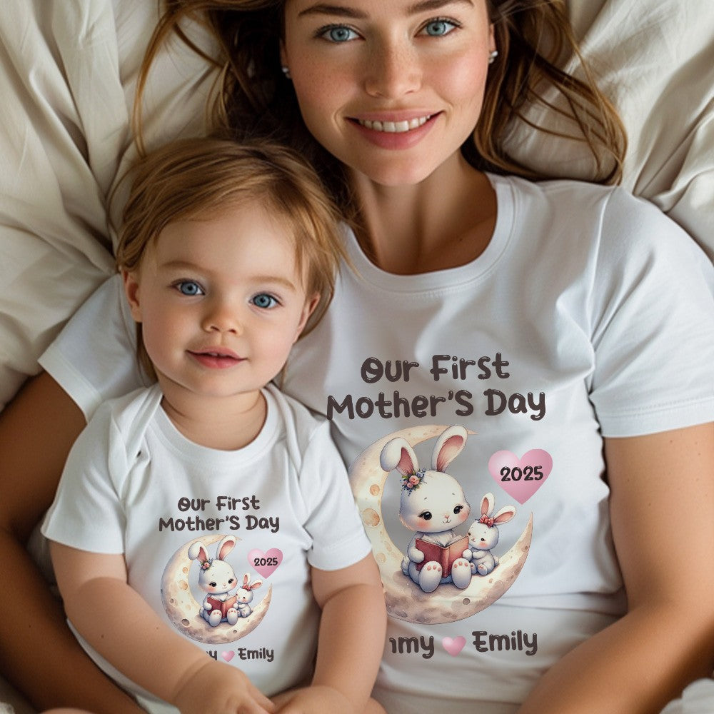 Custom Name Our First Mother's Day Parent-Child Matching Shirts, Animals Reading on Moon Design Mom T-Shirt & Baby Bodysuit Set, Gift for Baby/New Mom