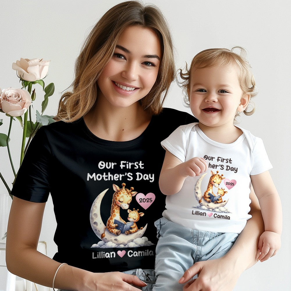 Custom Name Our First Mother's Day Parent-Child Matching Shirts, Animals Reading on Moon Design Mom T-Shirt & Baby Bodysuit Set, Gift for Baby/New Mom