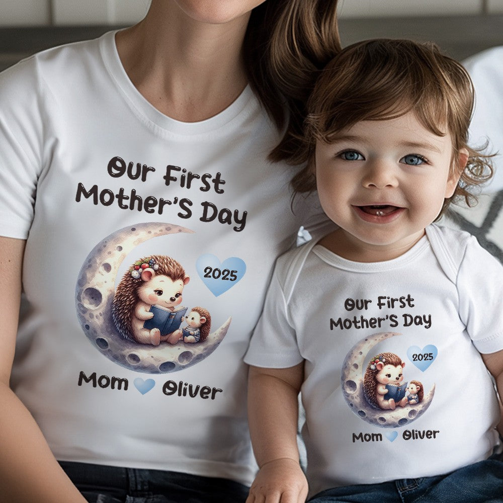 Custom Name Our First Mother's Day Parent-Child Matching Shirts, Animals Reading on Moon Design Mom T-Shirt & Baby Bodysuit Set, Gift for Baby/New Mom