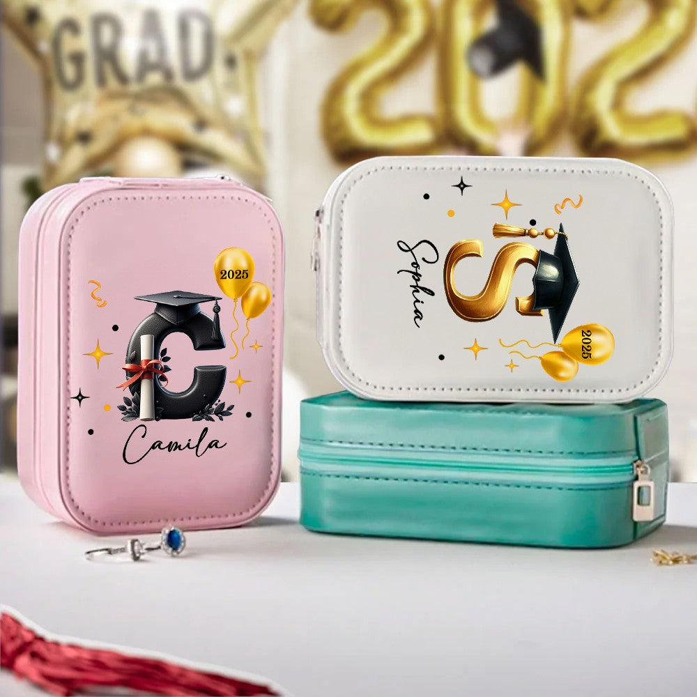 Custom Name Graduation Cap Alphabet Makeup Box with Three-Color Adjustment LED Light Mirror, Travel Jewelry Makeup Box, Graduation Gift for Her/Bestie