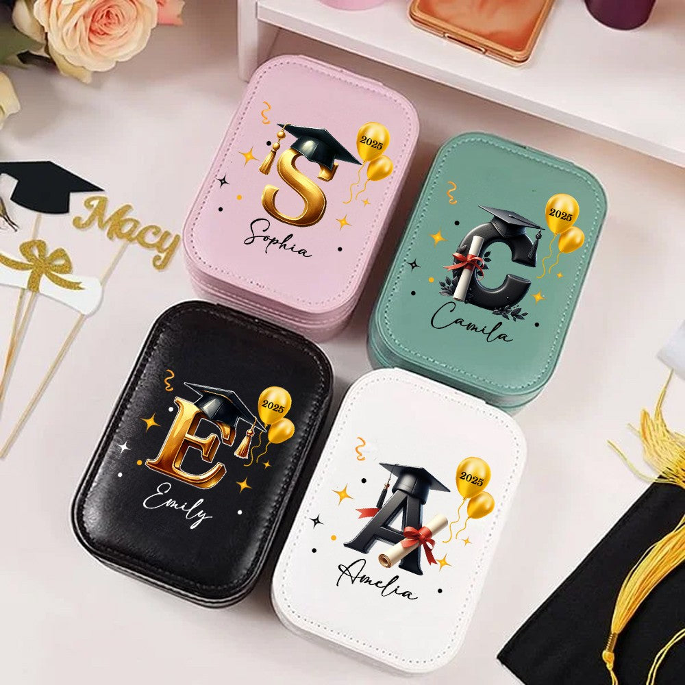 Custom Name Graduation Cap Alphabet Makeup Box with Three-Color Adjustment LED Light Mirror, Travel Jewelry Makeup Box, Graduation Gift for Her/Bestie