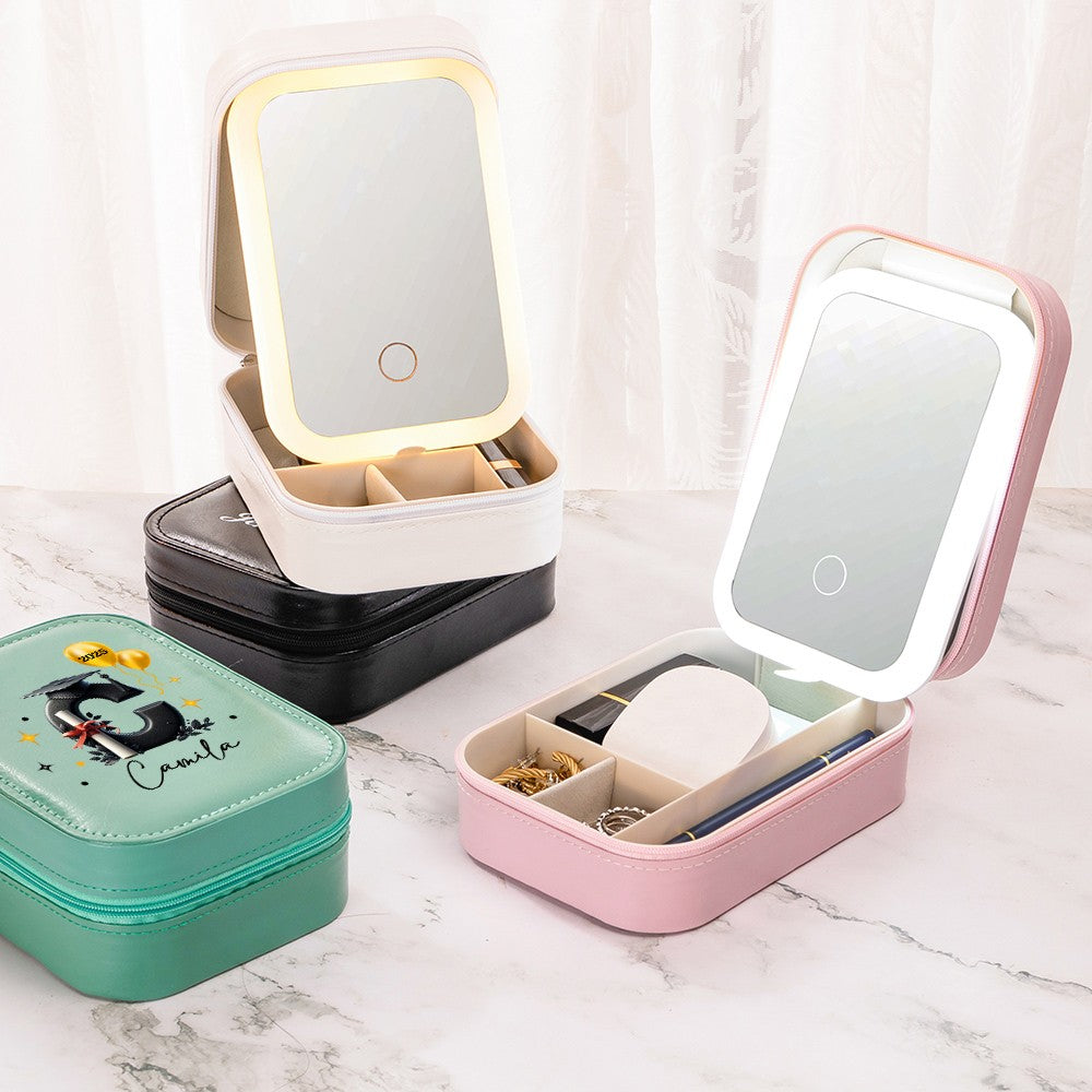 Custom Name Graduation Cap Alphabet Makeup Box with Three-Color Adjustment LED Light Mirror, Travel Jewelry Makeup Box, Graduation Gift for Her/Bestie