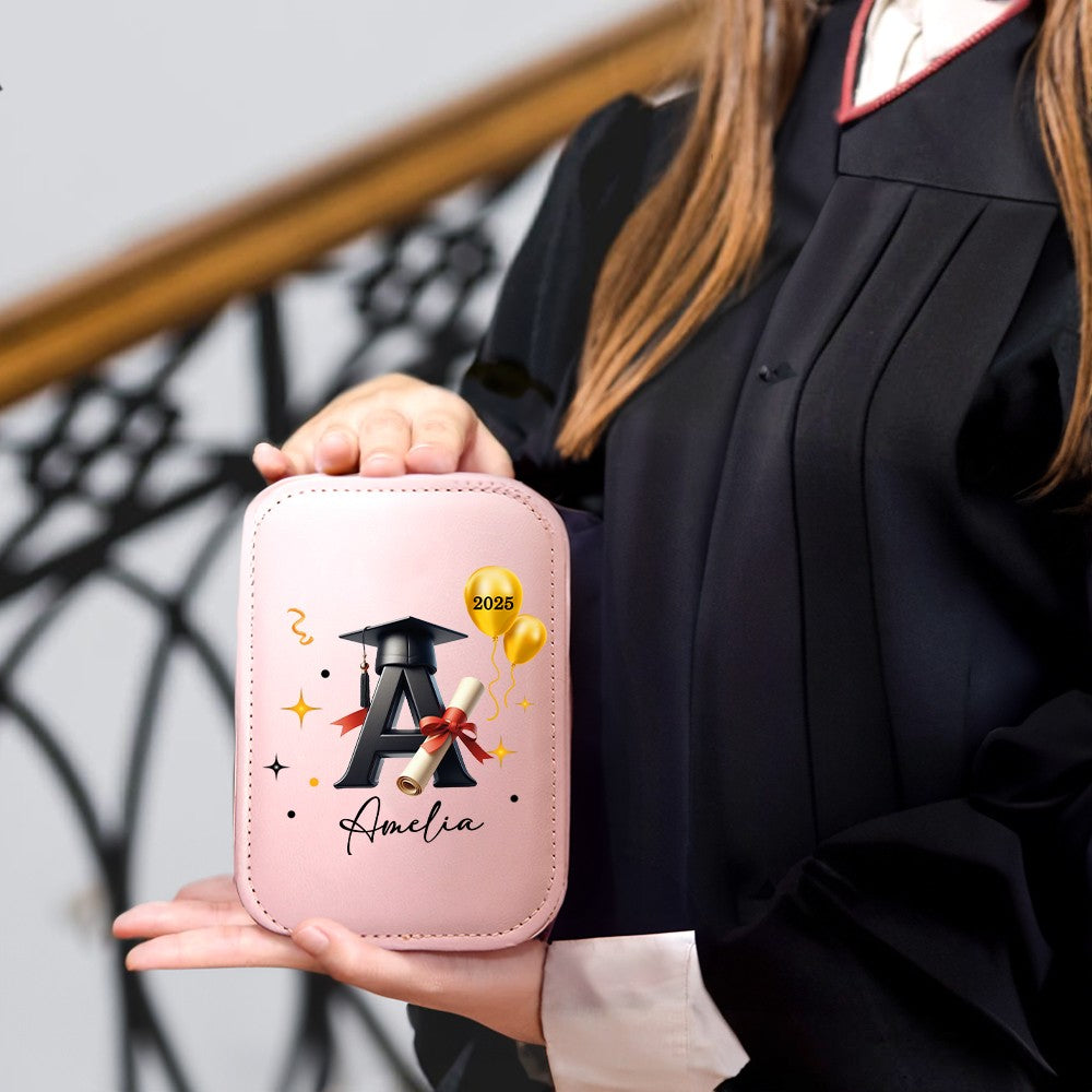 Custom Name Graduation Cap Alphabet Makeup Box with Three-Color Adjustment LED Light Mirror, Travel Jewelry Makeup Box, Graduation Gift for Her/Bestie