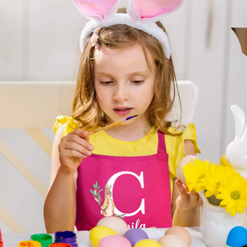 Custom Initial & Name Peter Rabbit Apron & Chef Hat, Kids' Apron with Pocket & Adjustable Strap, Chef Cap, Kitchen Supplies, Easter Gift for Kids