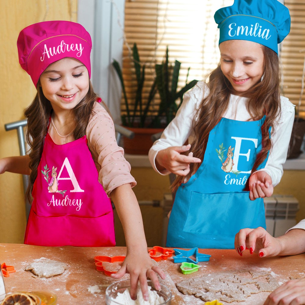 Custom Initial & Name Peter Rabbit Apron & Chef Hat, Kids' Apron with Pocket & Adjustable Strap, Chef Cap, Kitchen Supplies, Easter Gift for Kids