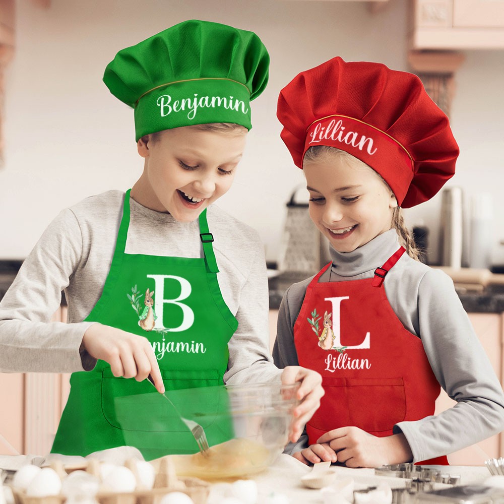 Custom Initial & Name Peter Rabbit Apron & Chef Hat, Kids' Apron with Pocket & Adjustable Strap, Chef Cap, Kitchen Supplies, Easter Gift for Kids
