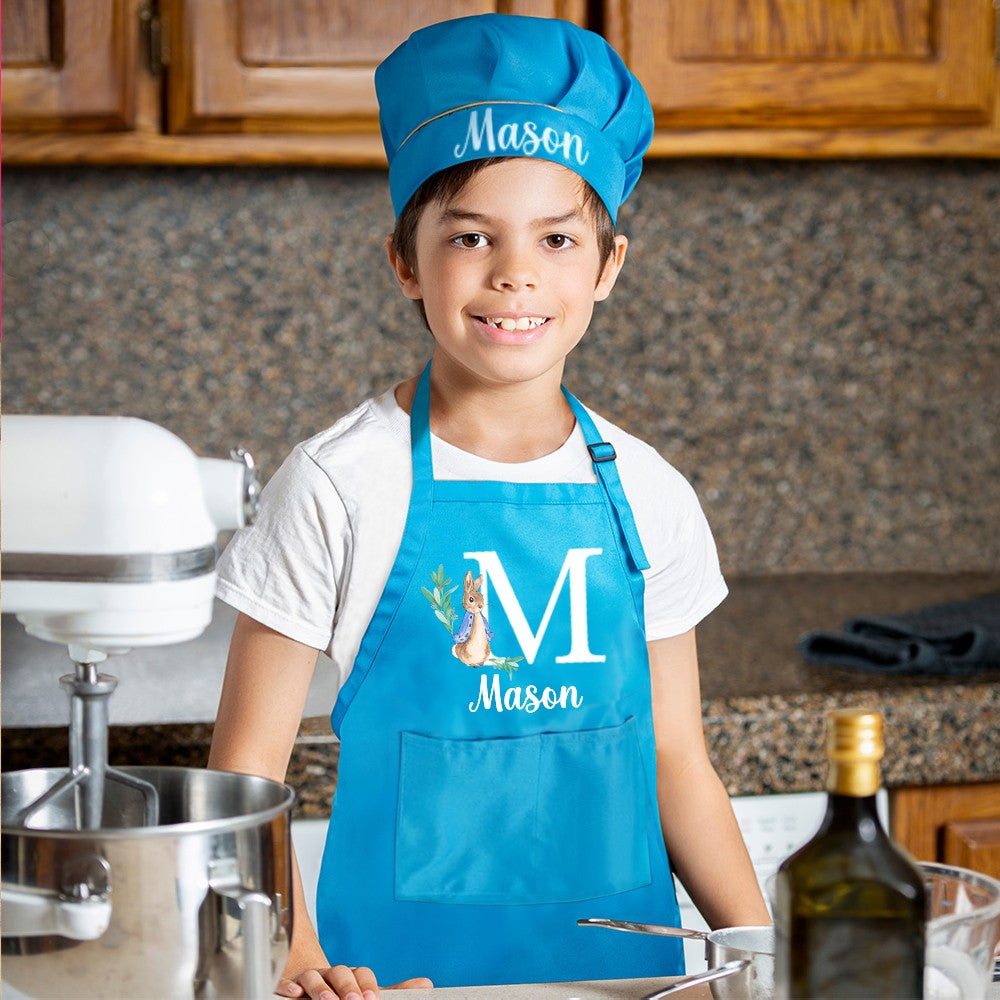 Custom Initial & Name Peter Rabbit Apron & Chef Hat, Kids' Apron with Pocket & Adjustable Strap, Chef Cap, Kitchen Supplies, Easter Gift for Kids