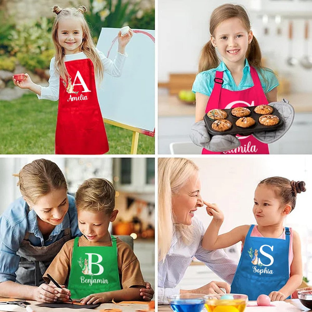 Custom Initial & Name Peter Rabbit Apron & Chef Hat, Kids' Apron with Pocket & Adjustable Strap, Chef Cap, Kitchen Supplies, Easter Gift for Kids