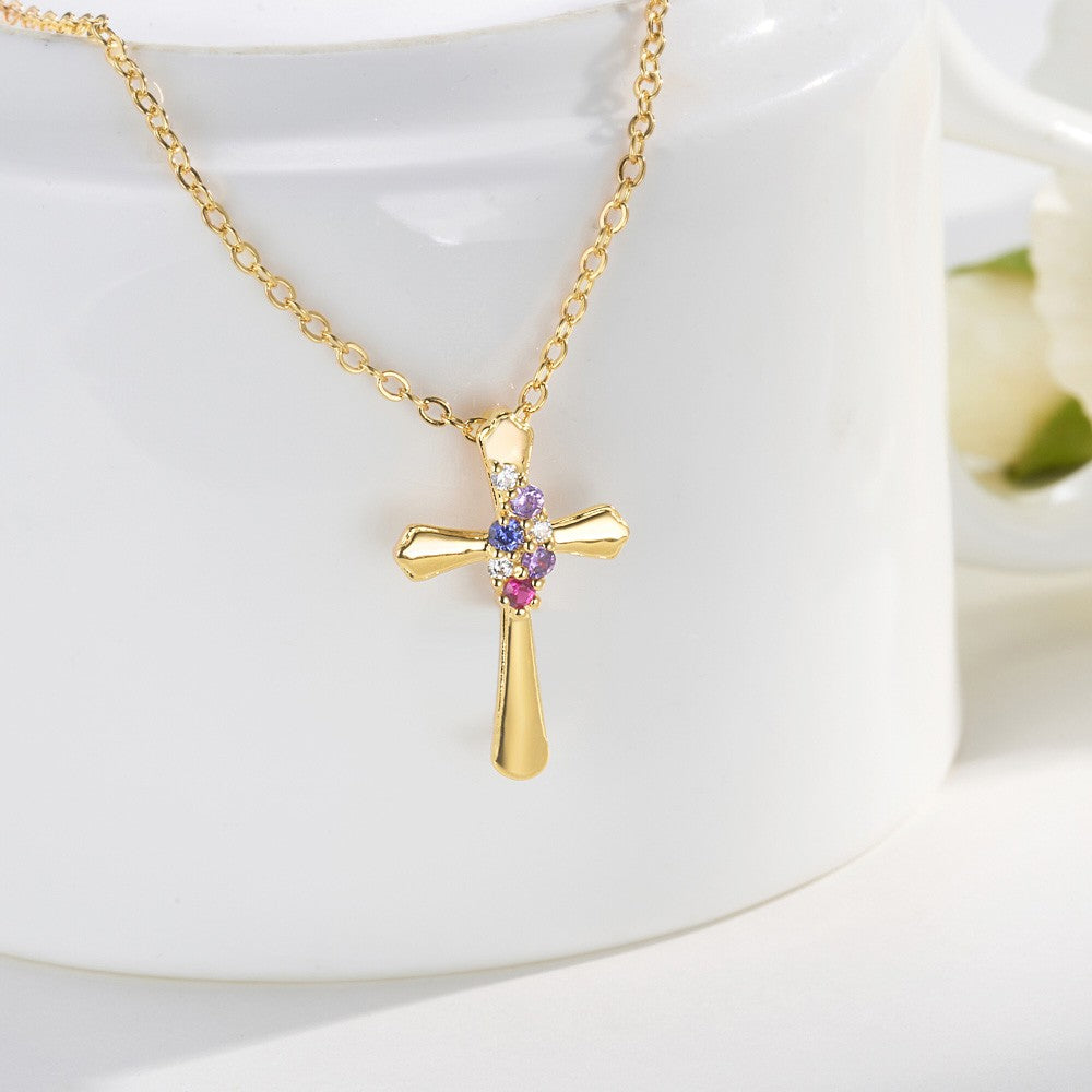 Personalized Birthstone Cross Necklace, Dainty Sterling Silver Crucifix Necklace, Christening/First Communion Gift, Gift for Family/Friend/Women