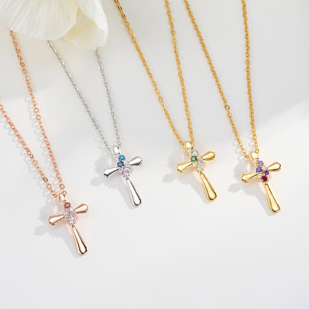 Personalized Birthstone Cross Necklace, Dainty Sterling Silver Crucifix Necklace, Christening/First Communion Gift, Gift for Family/Friend/Women