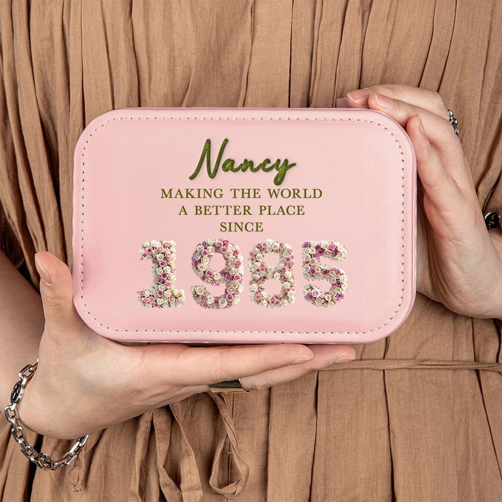 Custom Name Floral 3D Birth Year Makeup Box with Three-Color Adjustment LED Light Mirror, Travel Jewelry Makeup Box, Birthday Gift for Her/Mom/Friends
