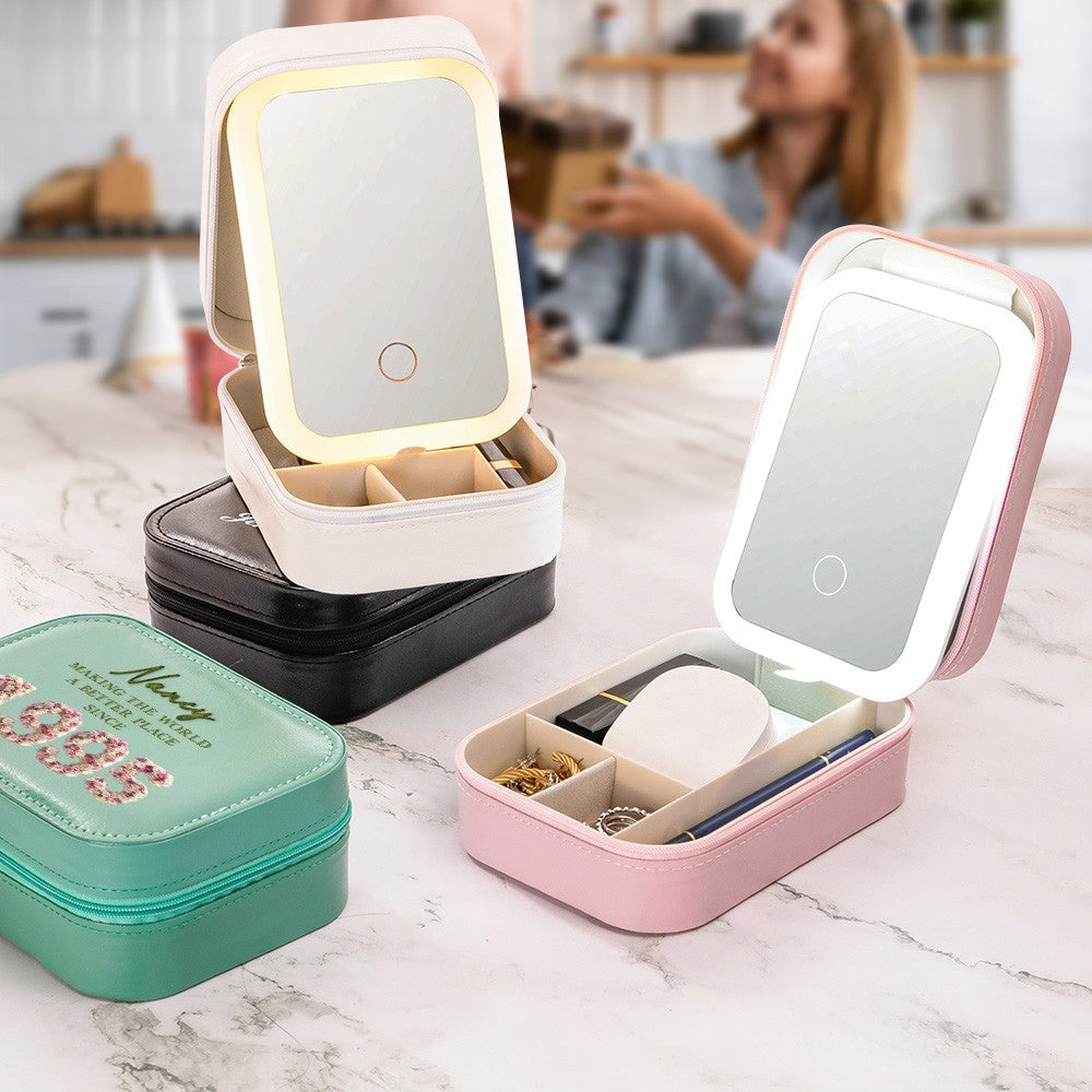 Custom Name Floral 3D Birth Year Makeup Box with Three-Color Adjustment LED Light Mirror, Travel Jewelry Makeup Box, Birthday Gift for Her/Mom/Friends