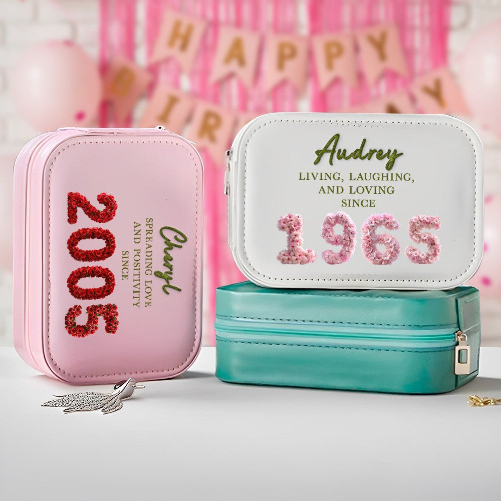 Custom Name Floral 3D Birth Year Makeup Box with Three-Color Adjustment LED Light Mirror, Travel Jewelry Makeup Box, Birthday Gift for Her/Mom/Friends