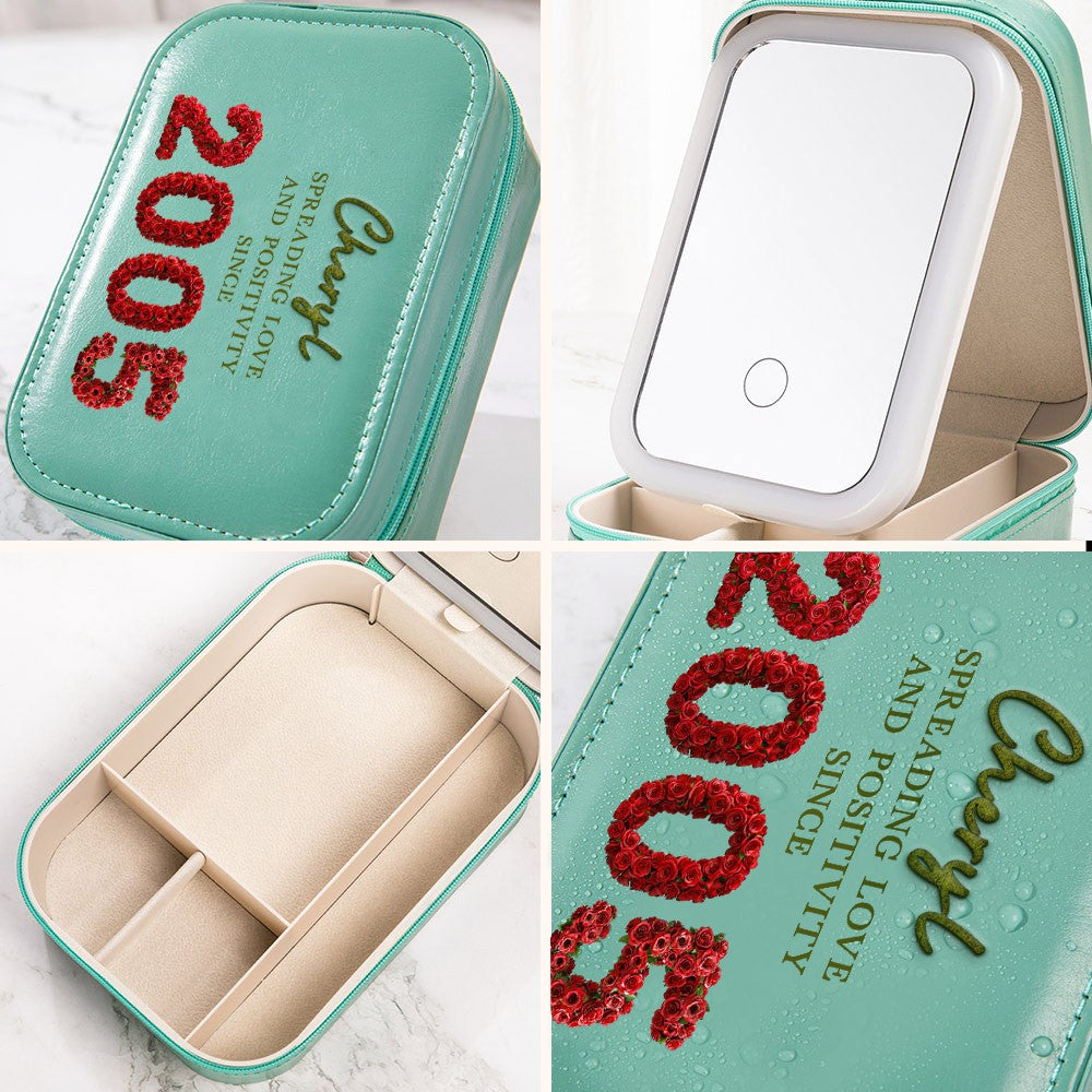 Custom Name Floral 3D Birth Year Makeup Box with Three-Color Adjustment LED Light Mirror, Travel Jewelry Makeup Box, Birthday Gift for Her/Mom/Friends