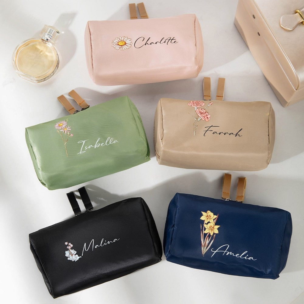 Custom Name Birth Flower Travel Makeup Pouch, Women's Cosmetic Bag with Double Zippers, Birthday/Mother's Day/Wedding Gift for Her/Mom/Bridesmaids