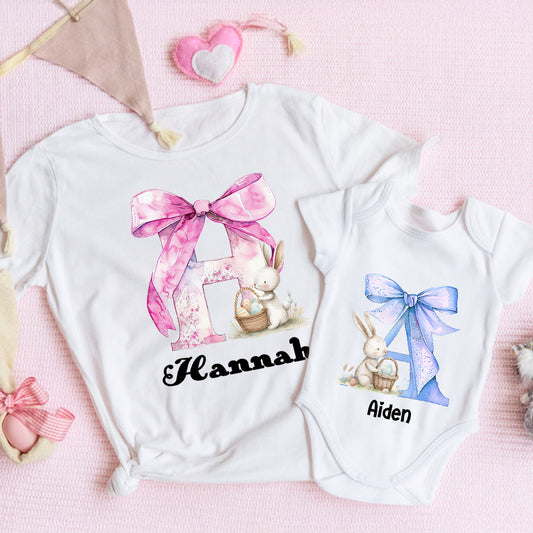 Personalized Name Parent-Child Matching Shirts, Bow Alphabet and Bunny Design Cotton Mom T-Shirt & Baby Bodysuit Set, Easter Gift for Baby/New Mom